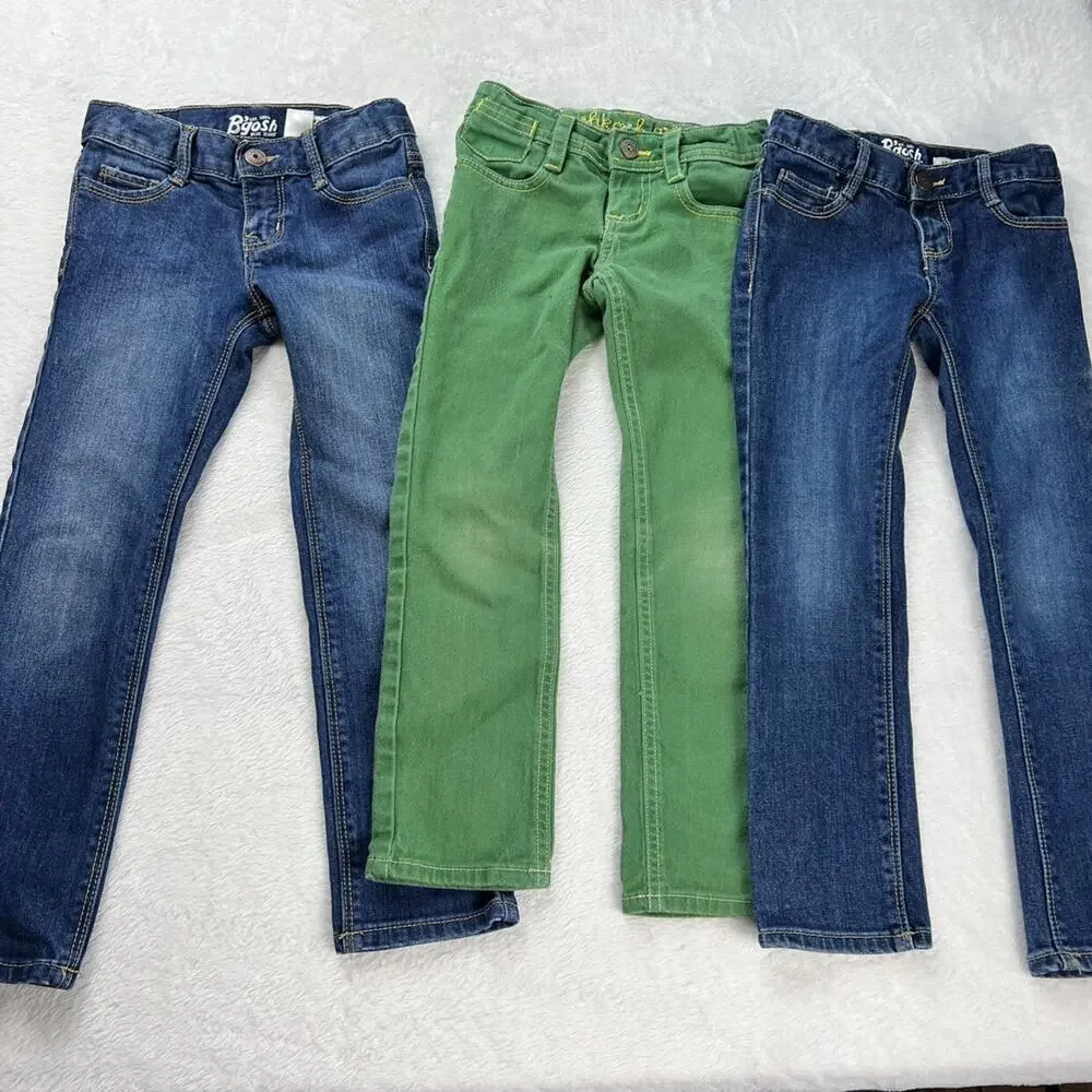 Oshkosh Girls Size 5 Slim Lot Blue Jeans Green pants Adjustable waistband